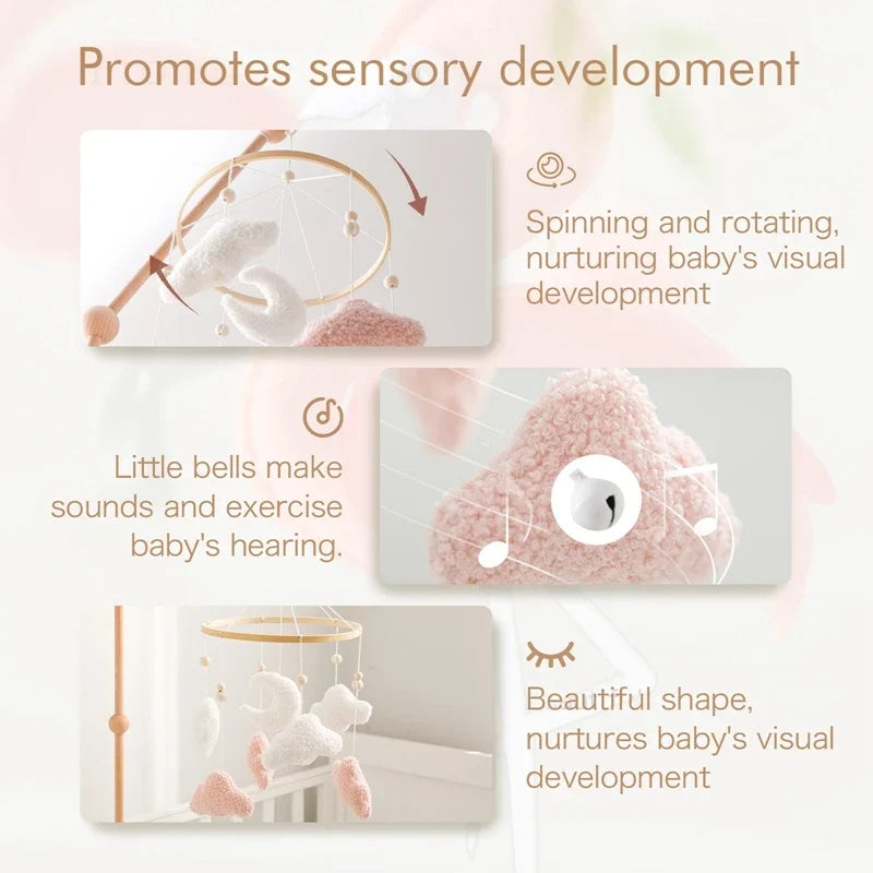 Crib Wooden Mobile Felt Bear Musical Newborn Sensory Toys