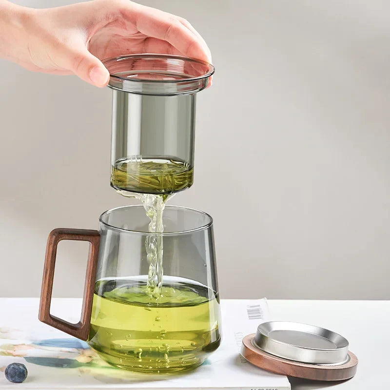 Glass Tea Cup With Wood Handle Heat Resistant Puer Filter Mug Kung Fu Tea Kit Fall 2025 Simple Brewing