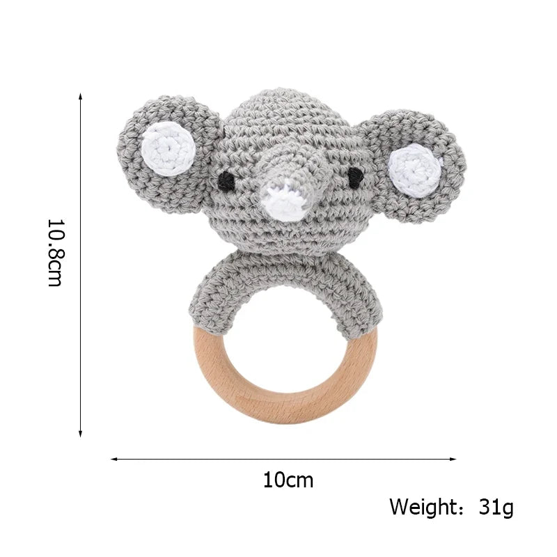 Crochet Wooden Animal Teether Rattle Newborn Sensory Toys