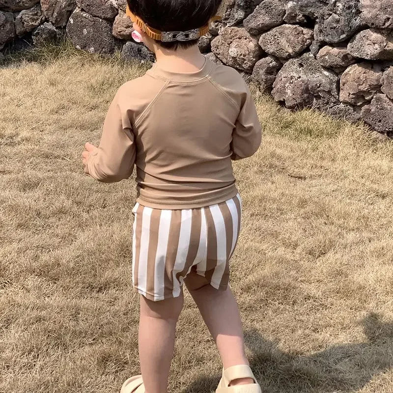 Fast-dry baby boys' swimwear set - long-sleeve top and shorts, polyester, for swimming