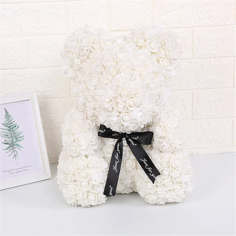 Rose Faux Teddy Bear with Gift Box and Lights - Romantic Anniversary or Valentine's Day Gift, Wedding Decor