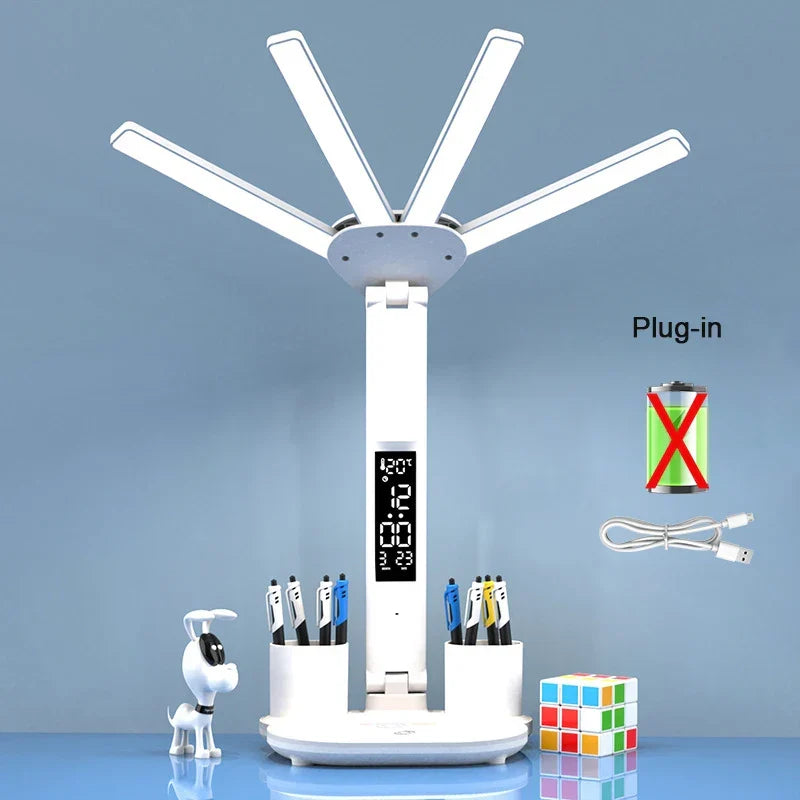 Battery-Powered Desk Lamp LED With Fan And Clock Display Study Light Back To School 2025 Travel-Friendly Flexible Brightness
