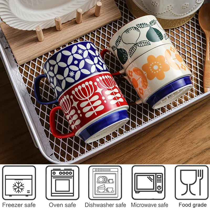 Coffee Mug 300ml Japanese Flower Ceramic Kit Retro Drinkware Office Entertaining Fall 2025 Comfort-Grip Handgrip Gift