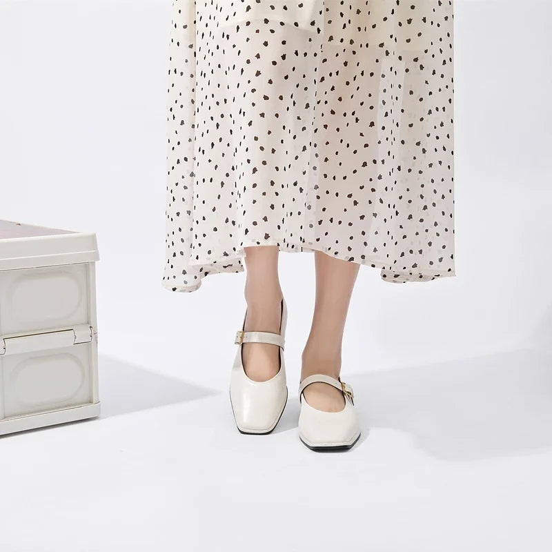 Women Supportive Mary Jane Flats - Square Toe, Leather