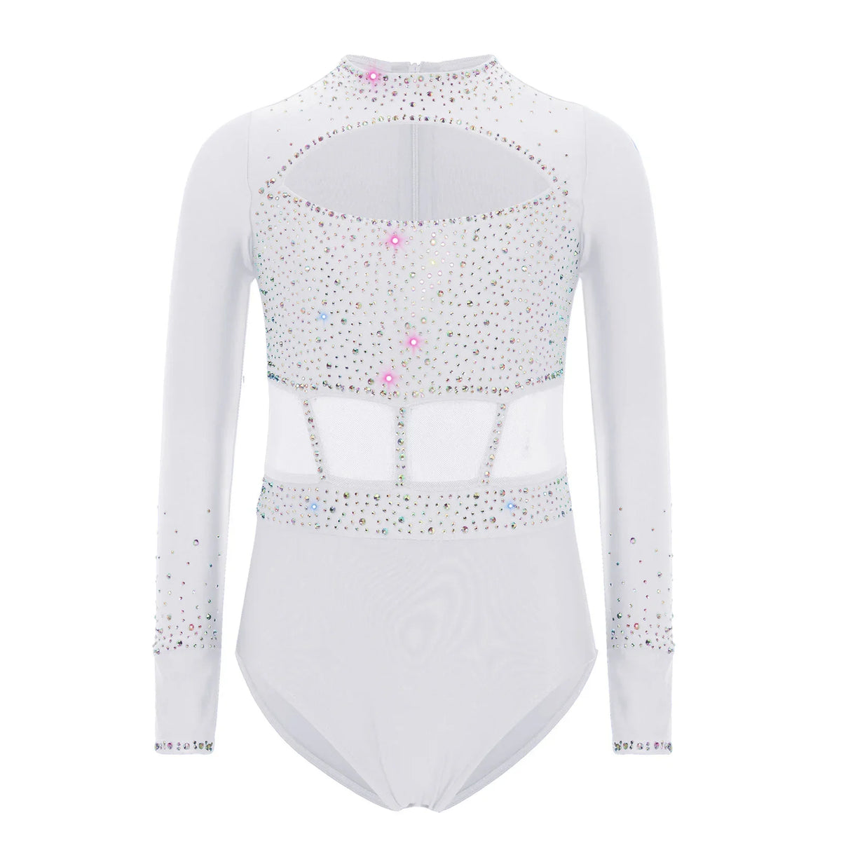 Girls' Stretchy Leotard - flattering, rhinestone-detailed, long-sleeve, mesh-panel, polyester elastane, for gymnastics