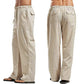 Color Solid Multi-Pocket Linen Men Pants - Casual Breathable Summer Trouser, Large Size