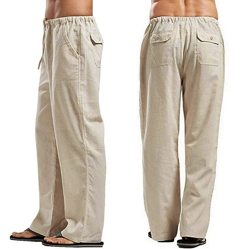 Color Solid Multi-Pocket Linen Men Pants - Casual Breathable Summer Trouser, Large Size