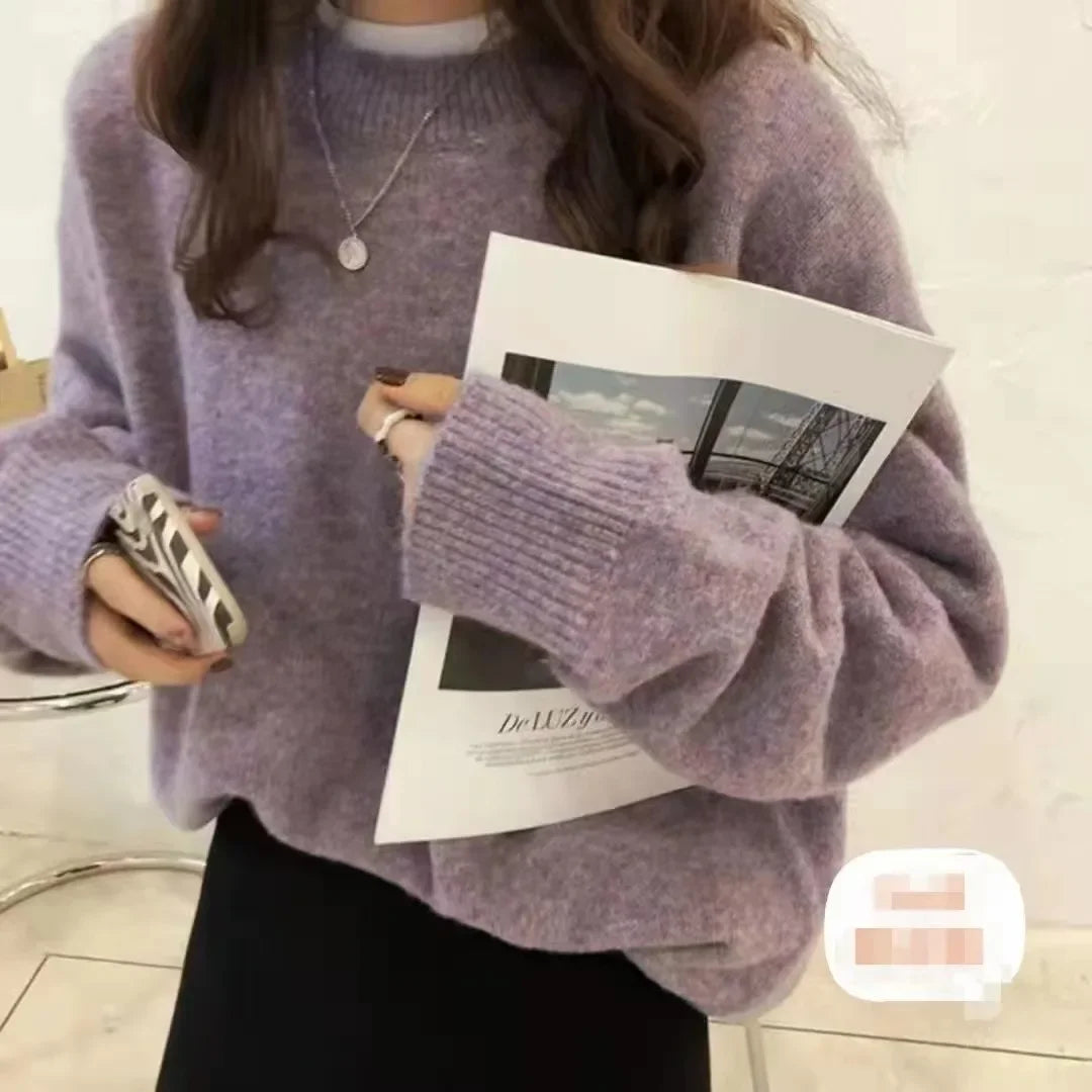 Oversized Cozy Women’s Pullover Sweater - Round Neck Knit