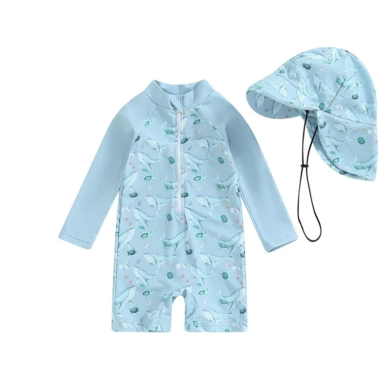 Light Toddler Boys Rash Guard Swimsuit - Long Sleeve, Turtle Print, Polyester, Beachwear