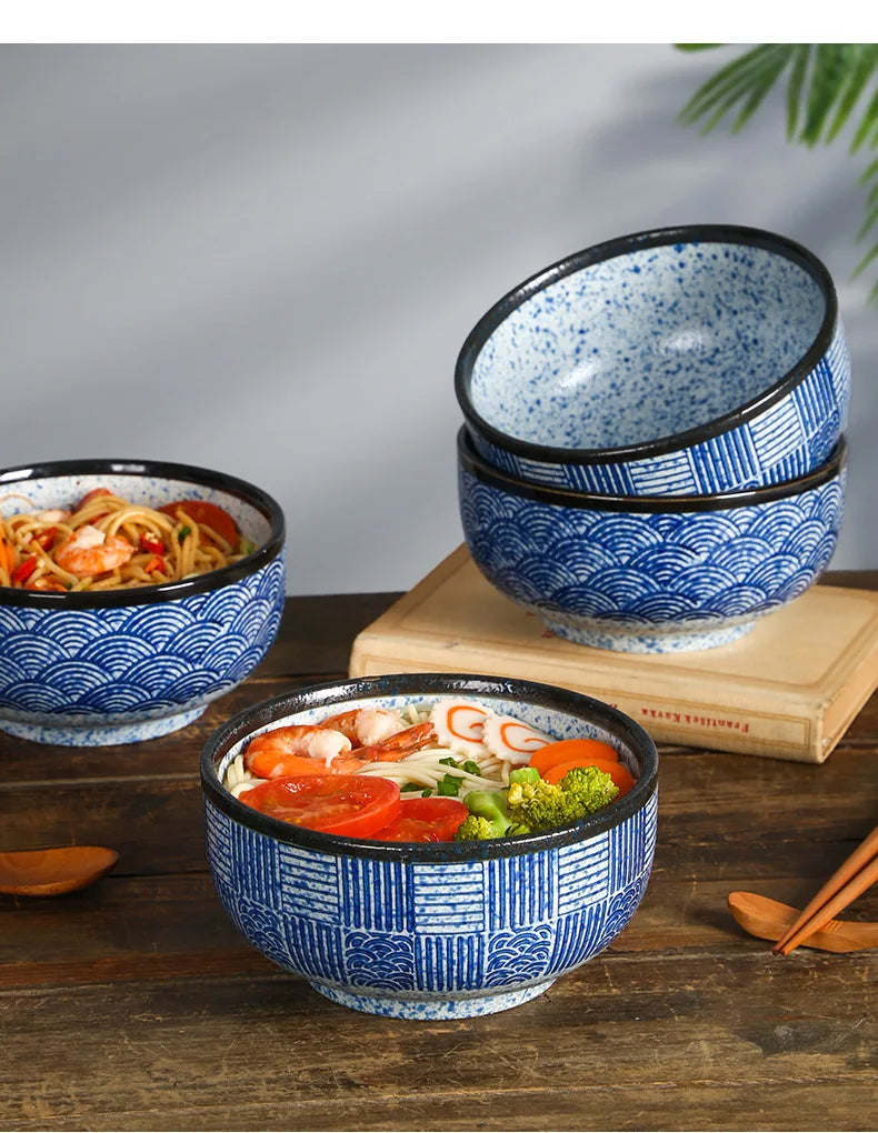 Wave Qinghai Noodle Bowl Hand Painted Vintage Ceramic Bowl
