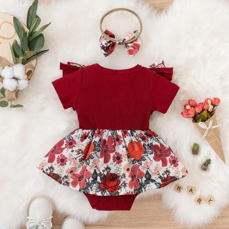 Plush baby girl dress - floral print, bowknot accents, cotton-elastane, summer wear