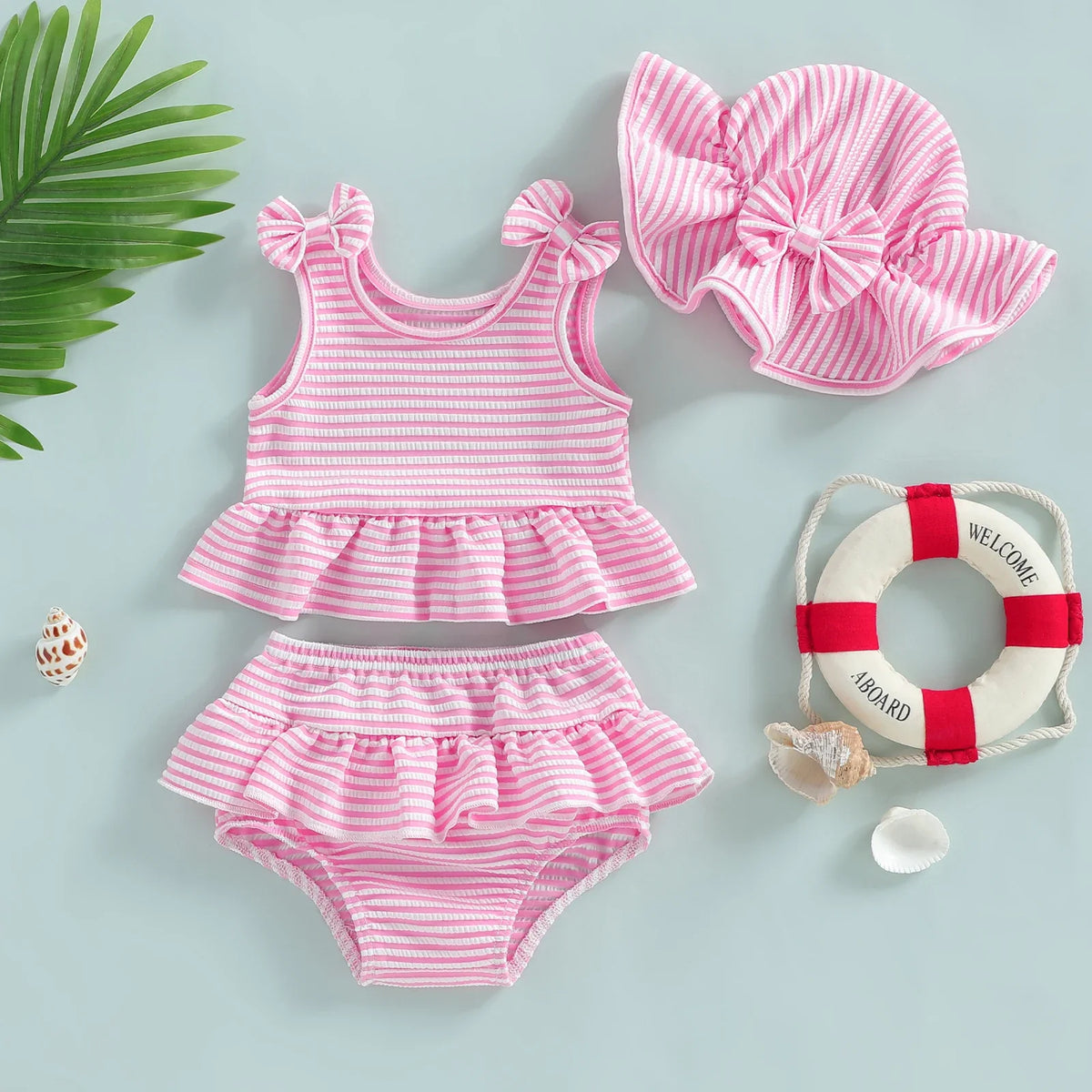 Plush Toddler Girls' Bikini Kit - Striped Tank Top With Ruffle, Matching Bottom, Hat, Polyester-Elastane, Summer Swimwear