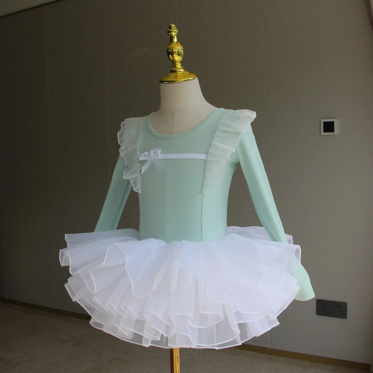 Light girls ballet leotard set - puff-sleeve top, tulle tutu skirt, polyester, for dance class