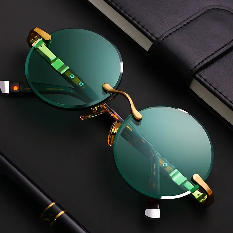 Fashion Timeless Rimless Sunglasses Women Men Dark Green Lens Retro Round Eyeglasses Outdoor Driving