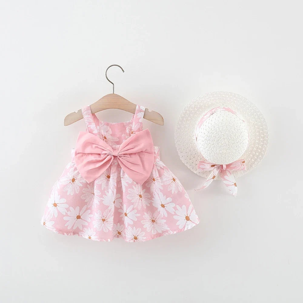 Plush baby girls dress - sleeveless, floral bow-embellished, cotton-polyester blend, for summer outings