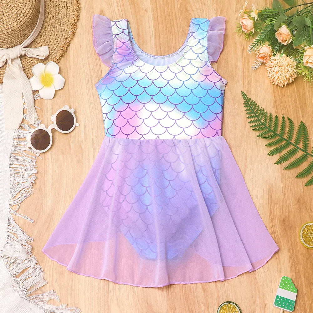 Mermaid-Scale Print, Ruffle Sleeves, Tulle, Polyester Elastane, Beach – Fast-Dry Sturdy Girls' One-Piece Swimsuit