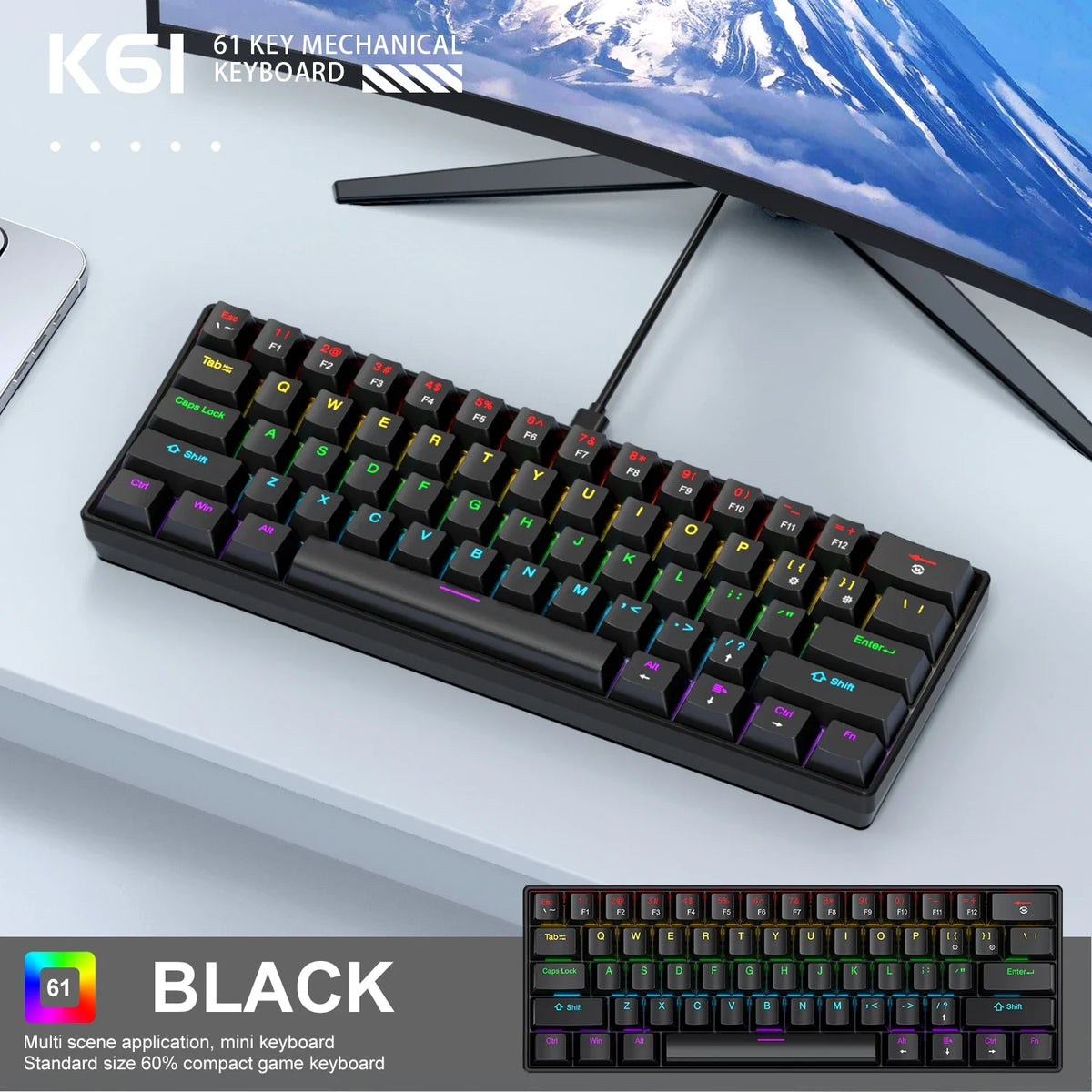 60 Percent Mechanical Mini Keyboard Wired RGB Travel-Friendly