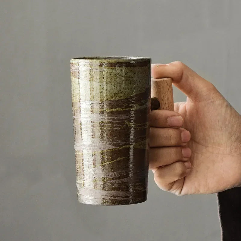 Style Japanese Stoneware Coffee Cup - Handmade Mug with Wooden Handle for Couples
