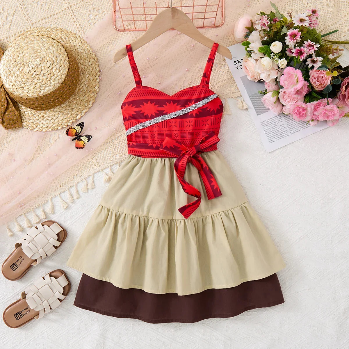 girls' Breathable dress - lace-up sling, sleeveless, flowy, polyester, for summer