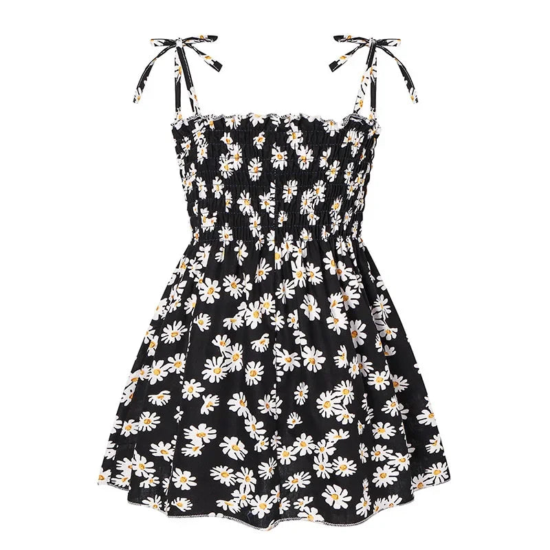 Plush girls' floral sundress - smocked bodice, polyester, for casual beach party