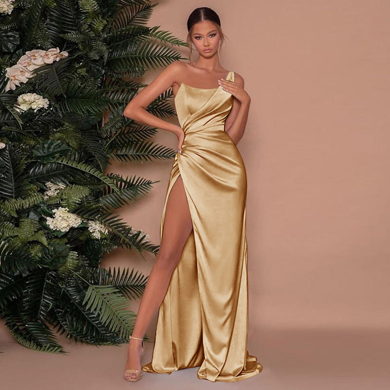 Elegant Asymmetrical Black Maxi Dress with High Slit - Women's Formal Cocktail Dress in Luxurious Satin-1