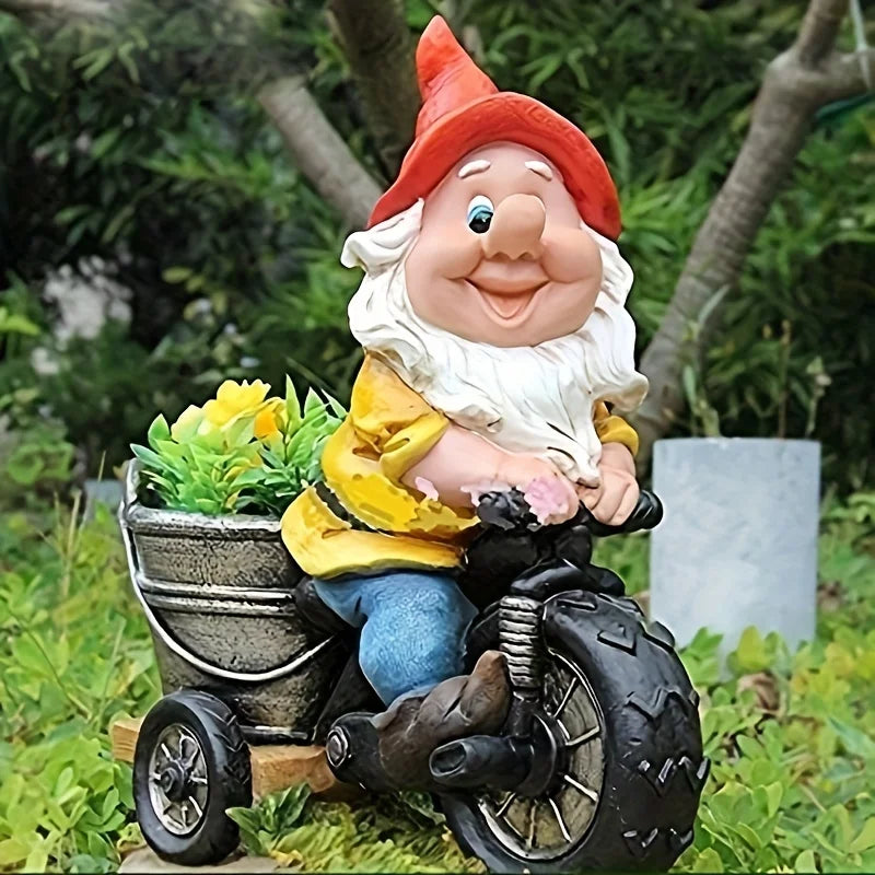 Garden2026 Edition Gnome On Bicycle Statue Sturdy Resin Outdoor Decor Flower Cart Dwarf Ornament Fall