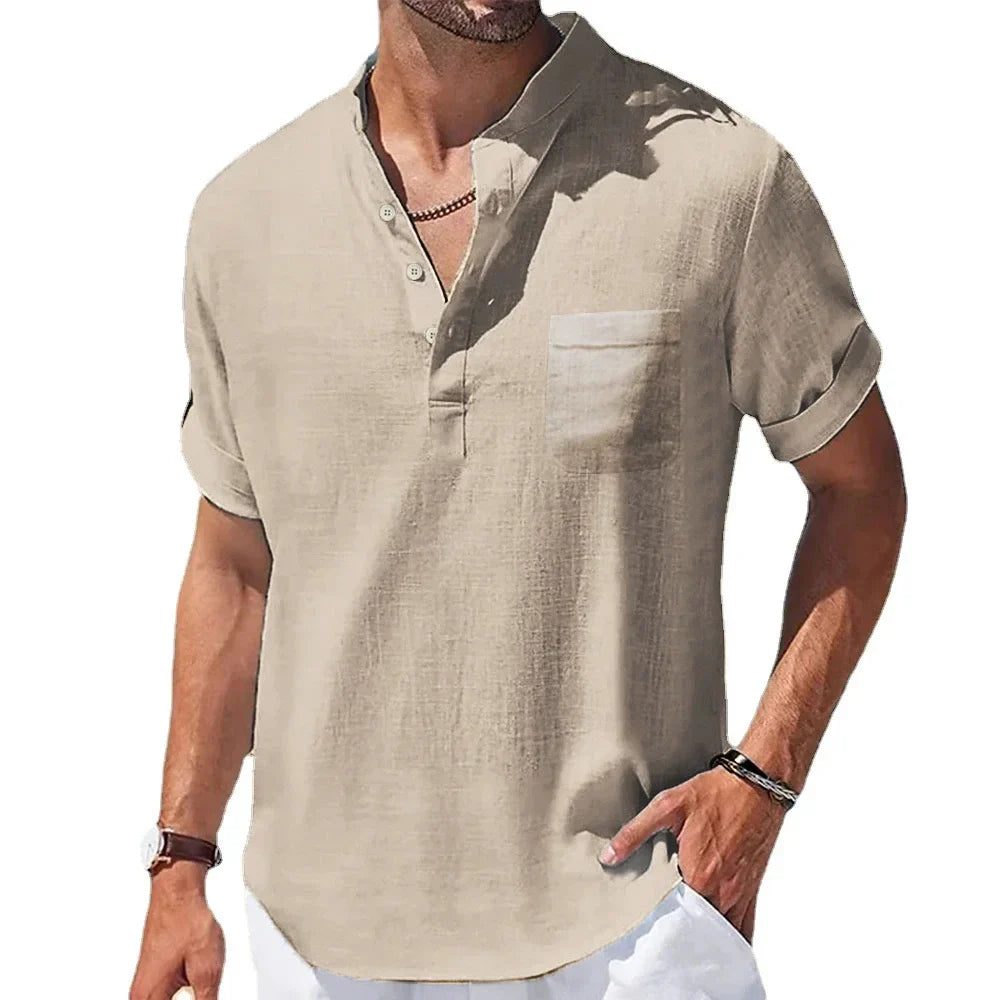 Variant image for Men's Summer Shirt, Breathable Cotton and Linen Blend with Henry Collar, Lightweight and Casual Fit-9