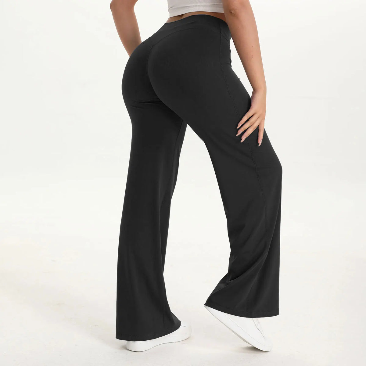 Plush and flattering women's yoga pants - mid-waist straight leg, nylon/elastane blend, for gym and Pilates