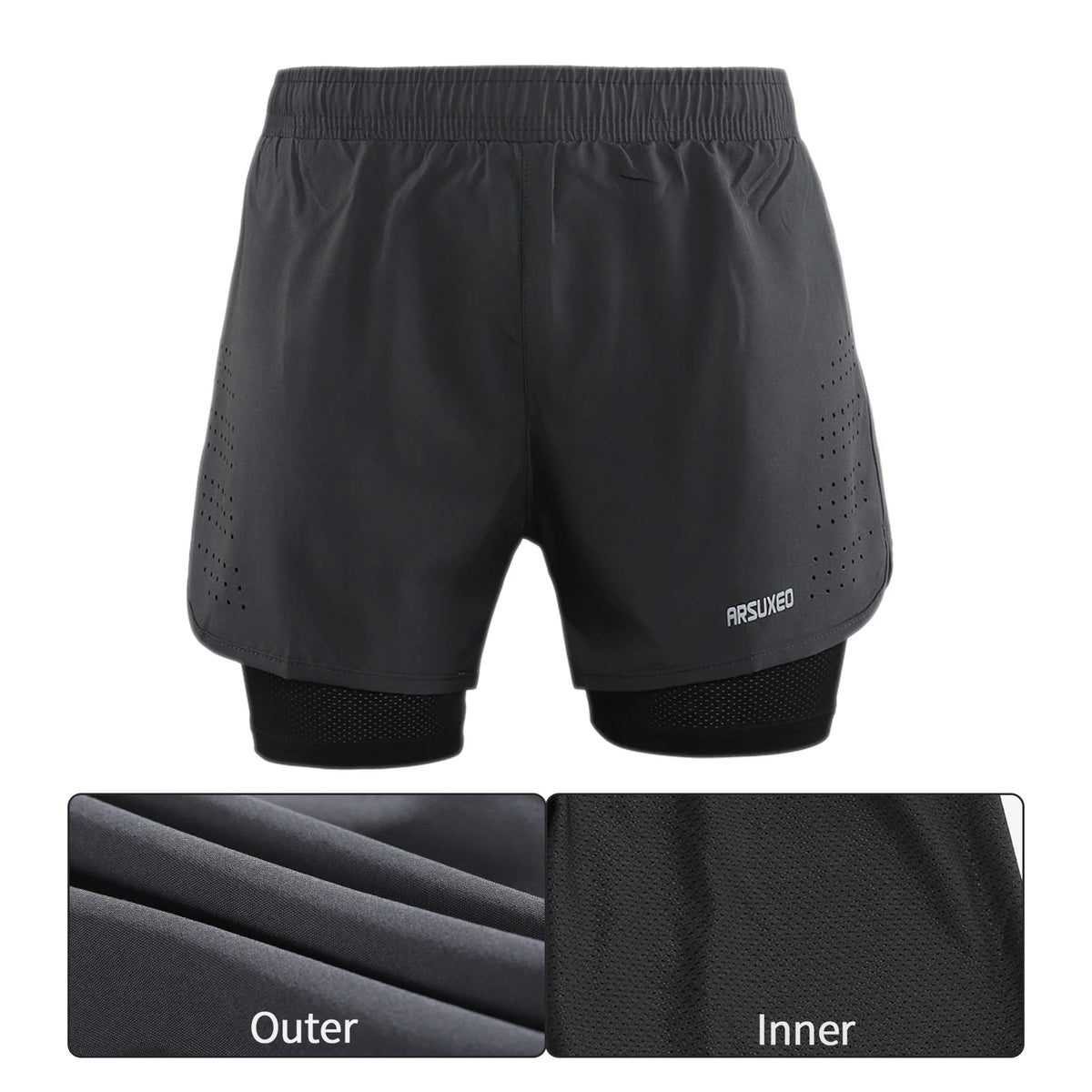men's Stretchy 2-in-1 running shorts - longer liner, polyester blend, for jogging and gym