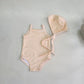Light baby girls' one-piece swimsuit - polka-dot suspender style with hat, nylon, cozy for summer beach wear