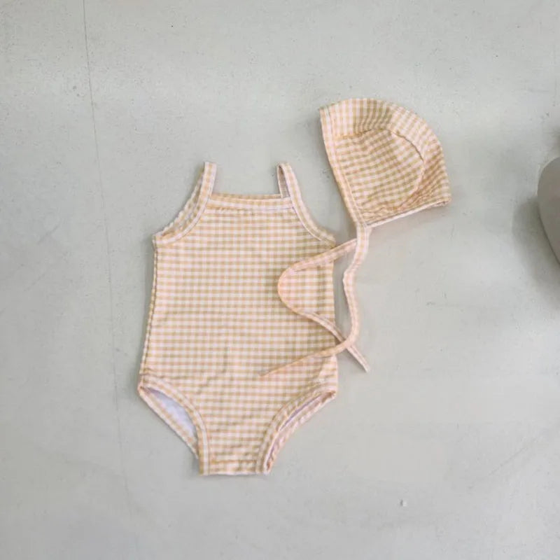 Light baby girls' one-piece swimsuit - polka-dot suspender style with hat, nylon, cozy for summer beach wear