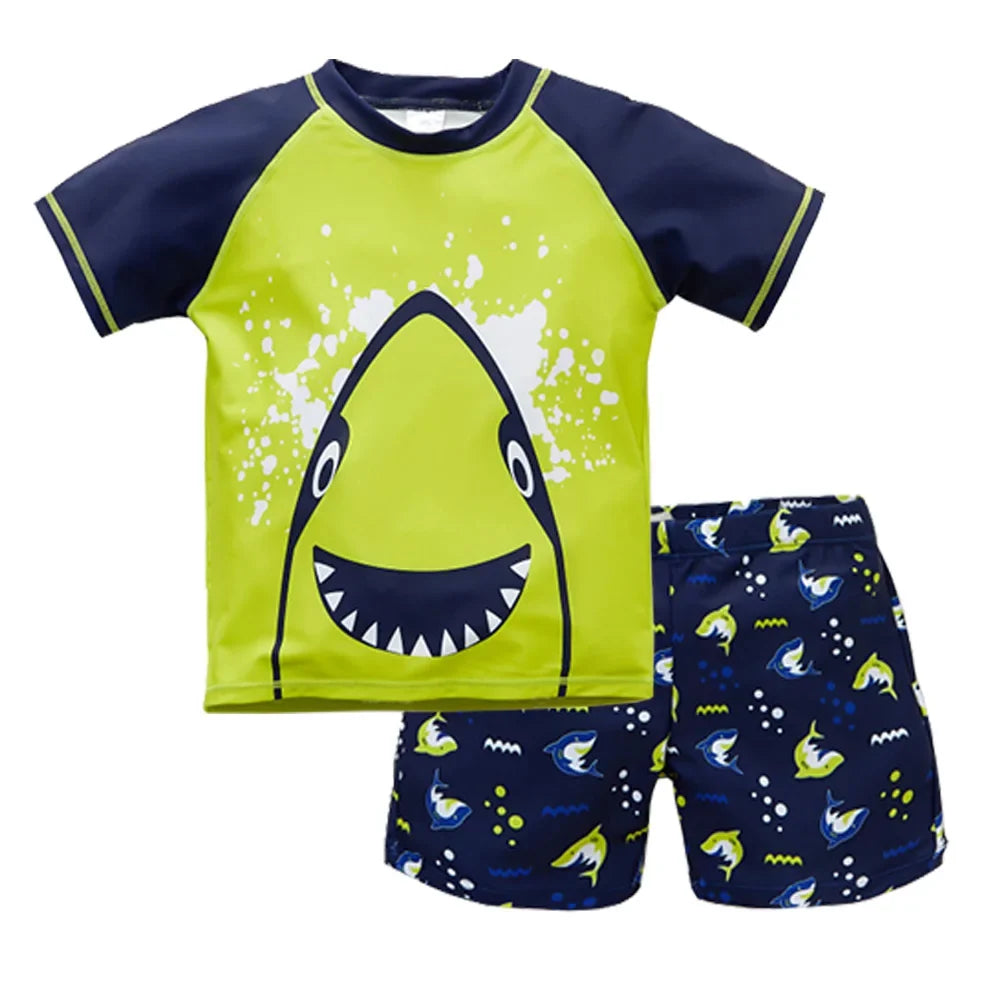Fast-Dry Boys Swimwear - Two-Piece Cartoon Print Kit, Polyester/Nylon/Spandex, Summer Beachwear