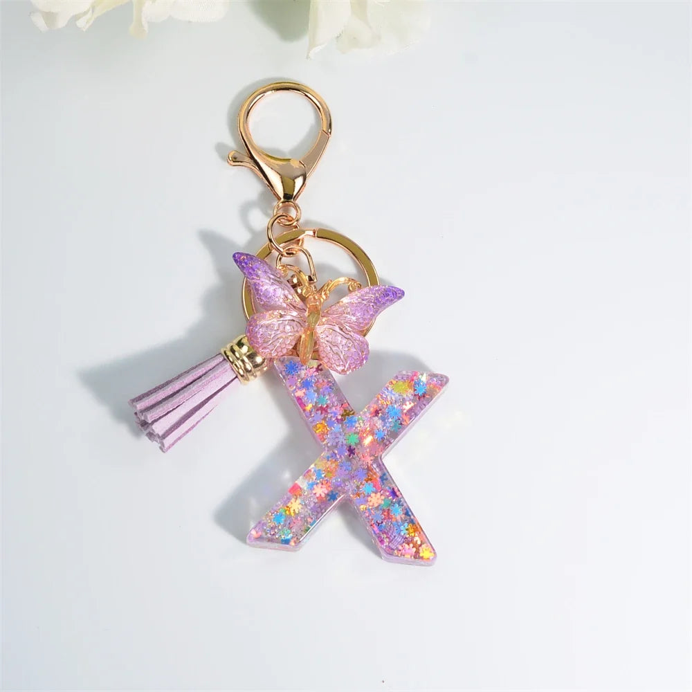 Letter Sequin Keychain With Butterfly Tassel Charm