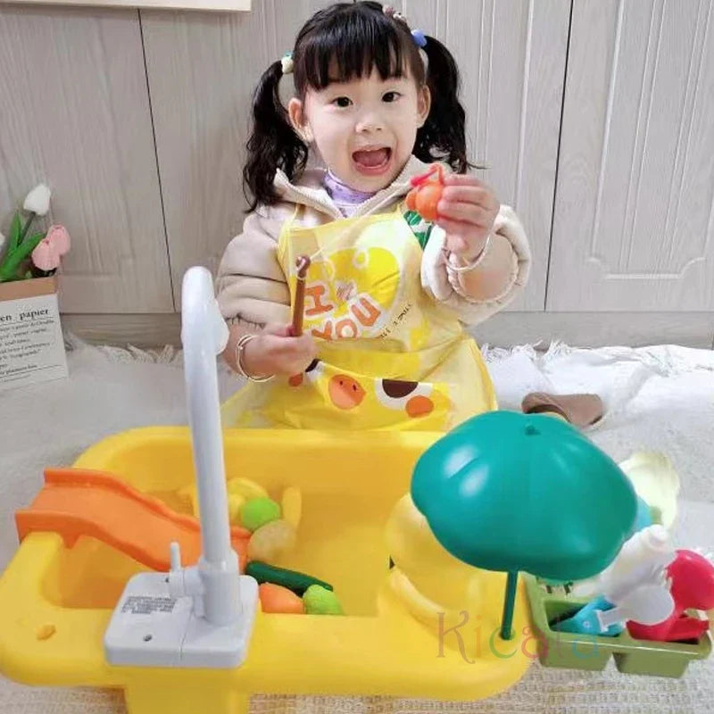 Kids Electric Kitchen Sink Toy with Running Water, Play Utensils, and Food Items for Pretend Cooking Fun-2