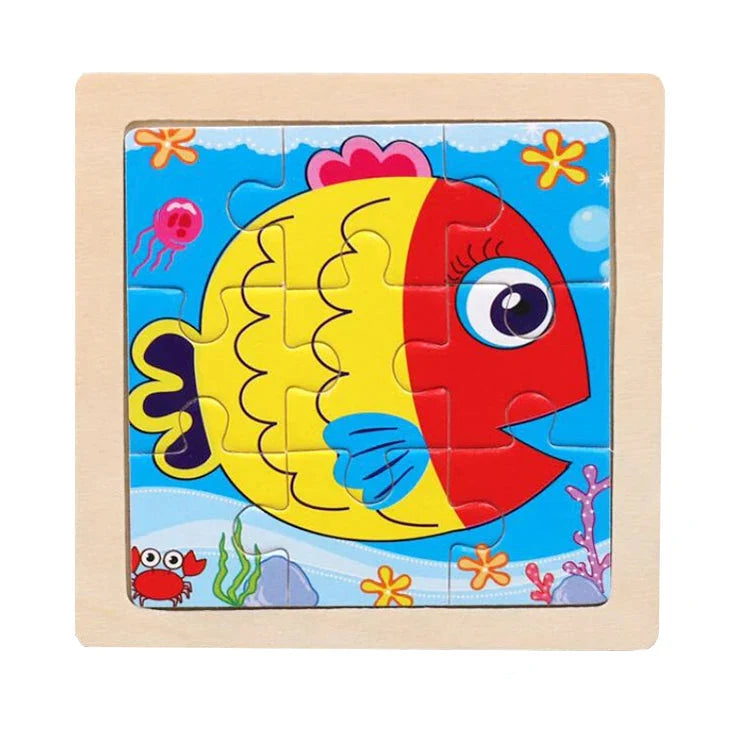 Wooden Kids Jigsaw Puzzle - Montessori Cartoon Animal Vehicle Educational Toy for Children
