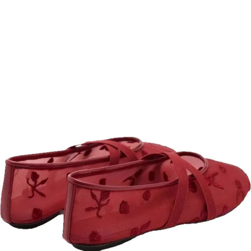 Light Women Ballet Flats - Mary Jane, Embroidered Mesh