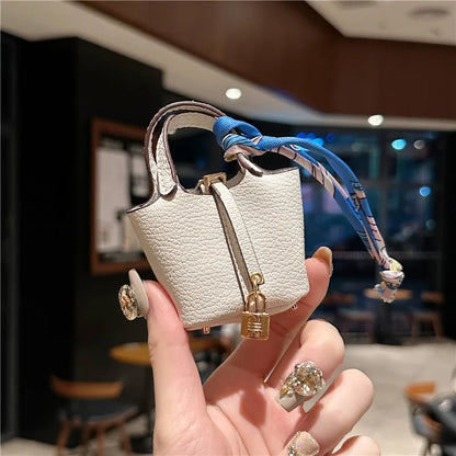 Inspired Birkin Mini Hand Bag - Leather Basket Bag Charm Keychain & Earphone Case