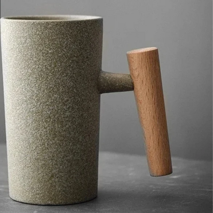 Style Japanese Stoneware Coffee Cup - Handmade Mug with Wooden Handle for Couples
