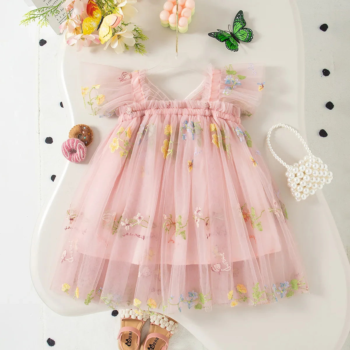 Light flowy girls' dress - knee-length tulle, floral print, polyester, for weddings