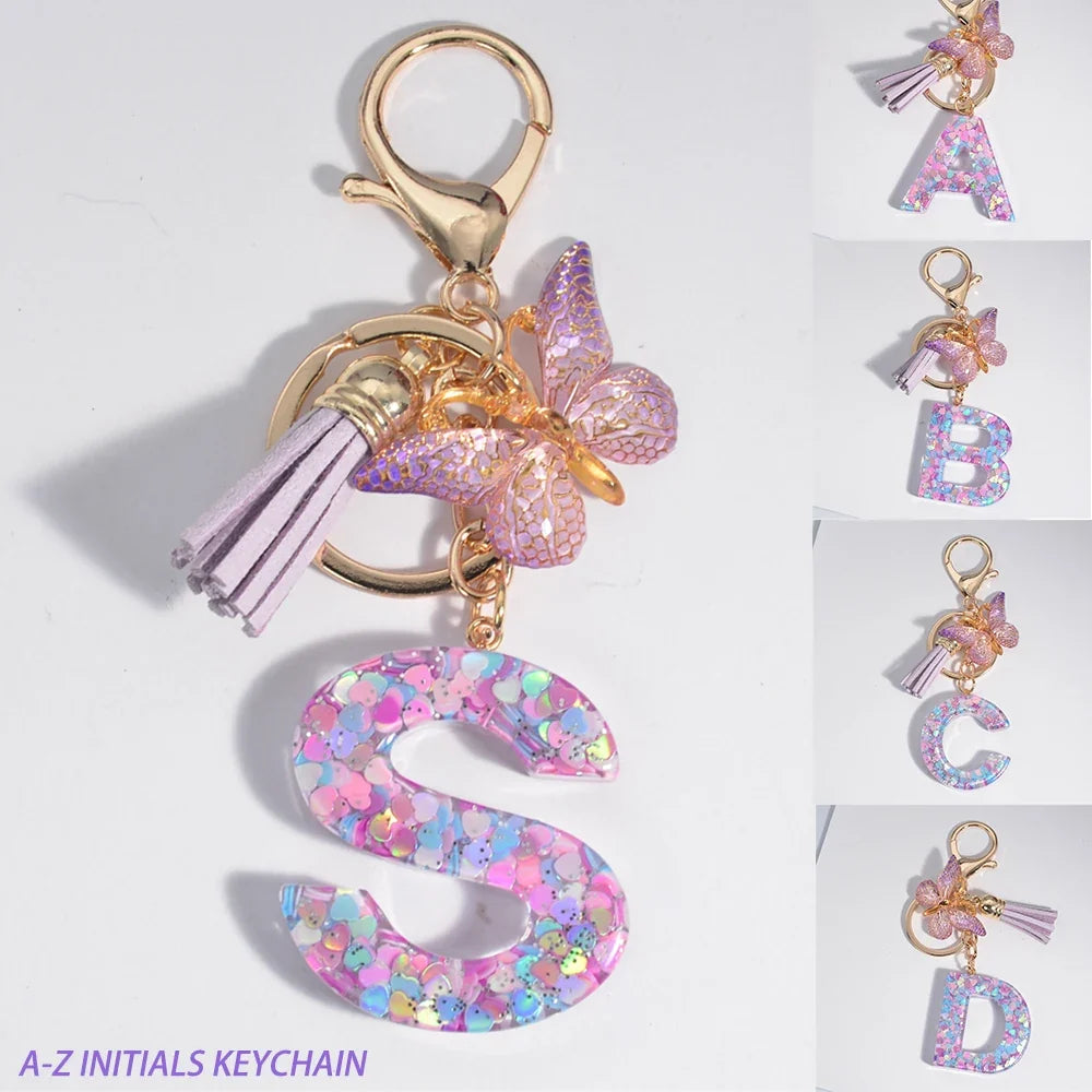 Letter Sequin Keychain With Butterfly Tassel Charm