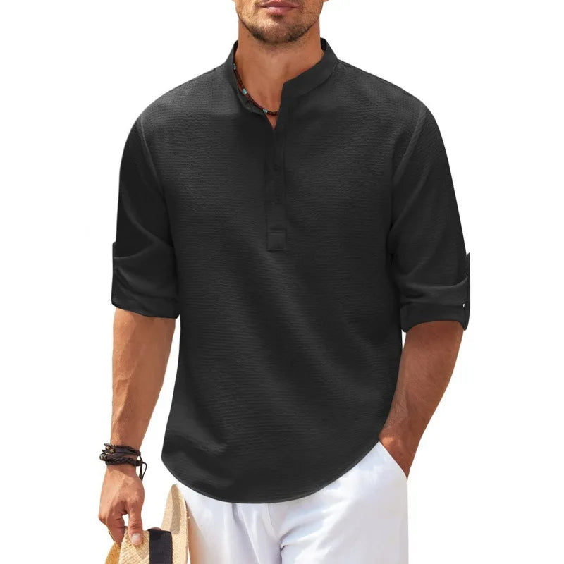 Long Men's Sleeve Stand-up Collar Pineapple Checkered Casual Shirt Top