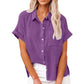 Shirt Linen Short Sleeve Casual Loose Fit Blouse Fresh Sweet Style Polyester Fabric