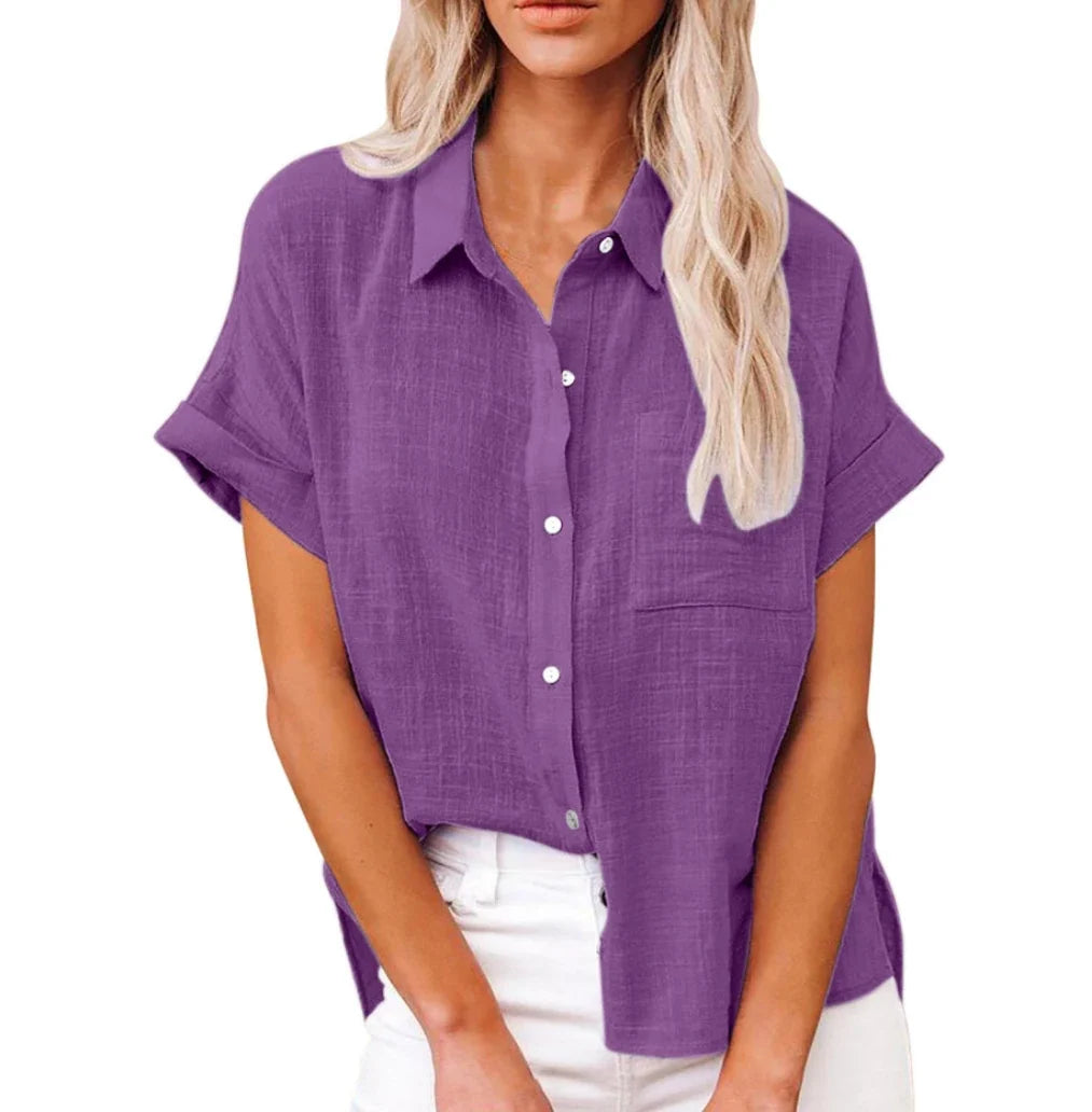 Shirt Linen Short Sleeve Casual Loose Fit Blouse Fresh Sweet Style Polyester Fabric