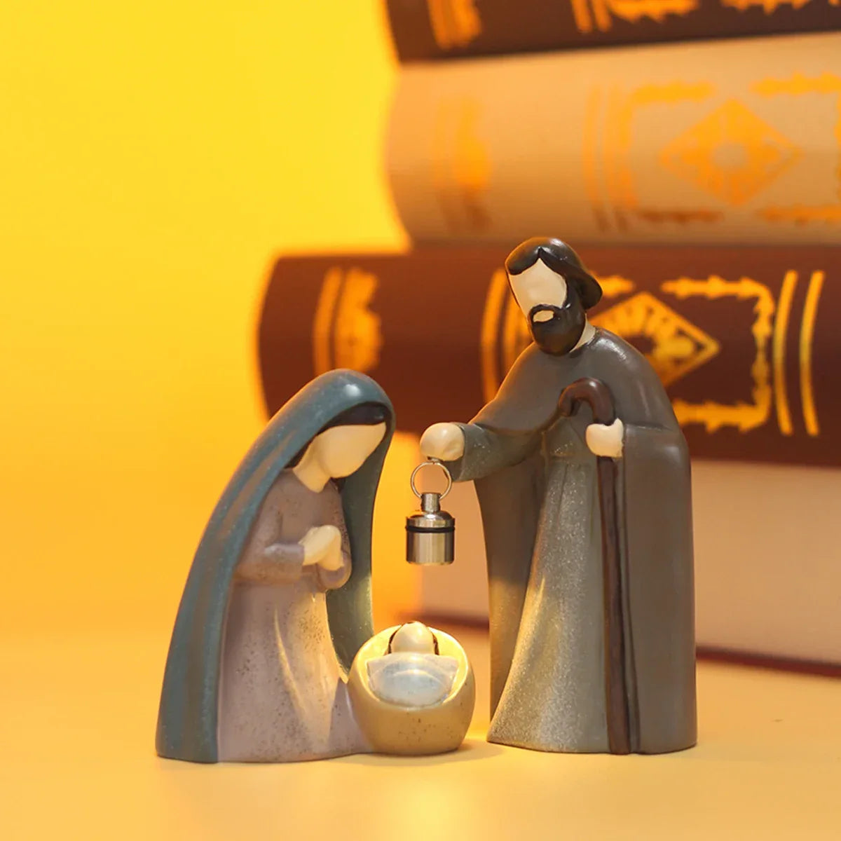 Scene Nativity Lanterns Resin Holy Family Figurines Luminous Christmas 2025 Prayerful Display