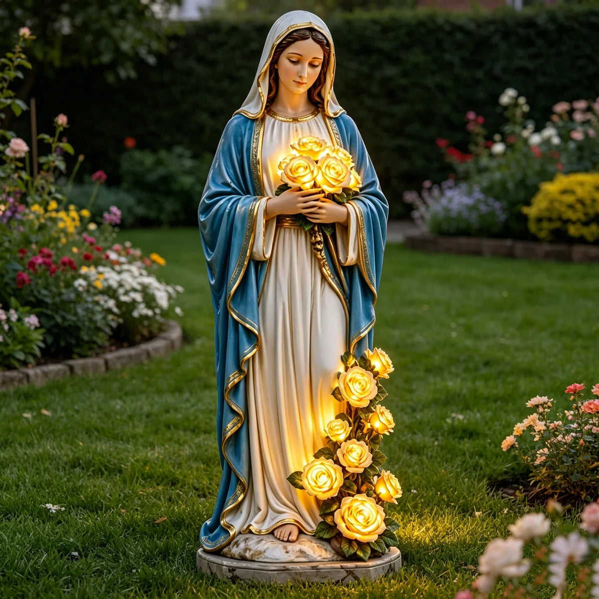 Mary Virgin Statue 7.87 Inch Outdoor Resin Garden Decor With Lighting Roses Religious Figurine Mother's Day Gift