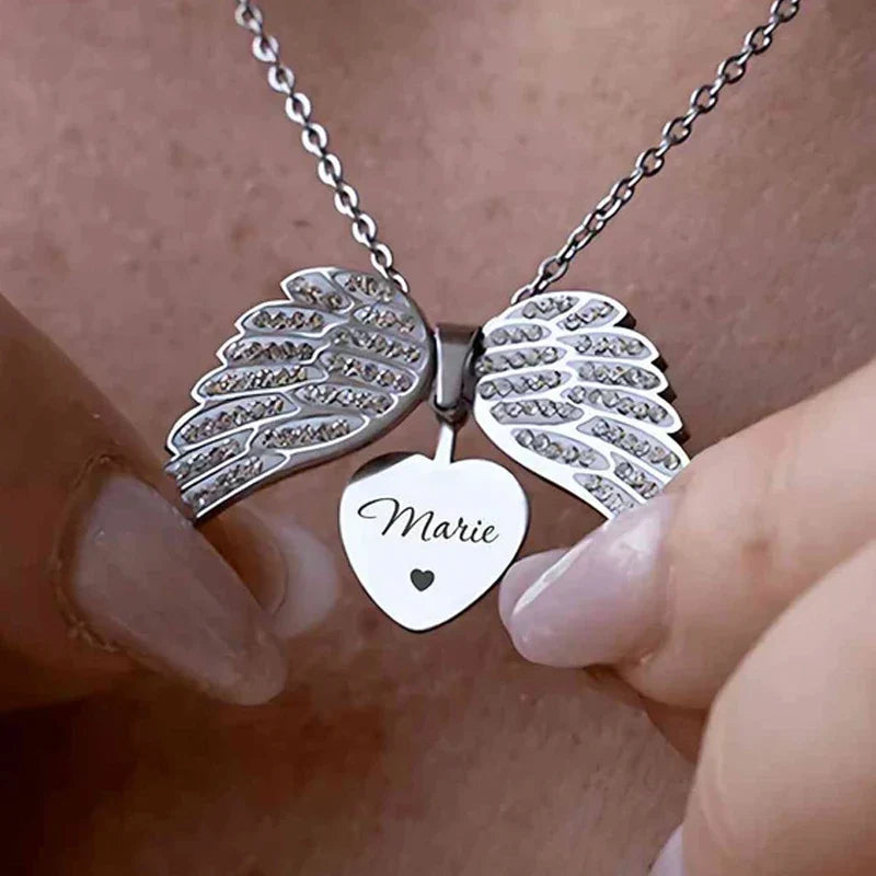 angel wings, zircon stone, metal chain, gift idea – Timeless couples' heart pendant necklace
