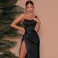 Elegant Asymmetrical Black Maxi Dress with High Slit - Women's Formal Cocktail Dress in Luxurious Satin-3