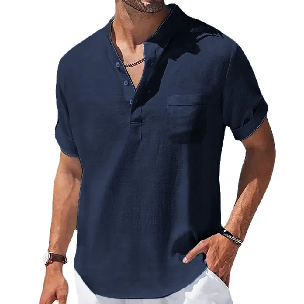 Men's Summer Shirt, Breathable Cotton and Linen Blend with Henry Collar, Lightweight and Casual Fit-2
