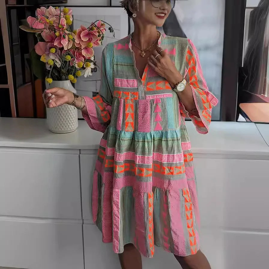 Neck V Ruffles Boho Mini Dress - Spring Casual Vintage A-Line Flare Sleeve Dress