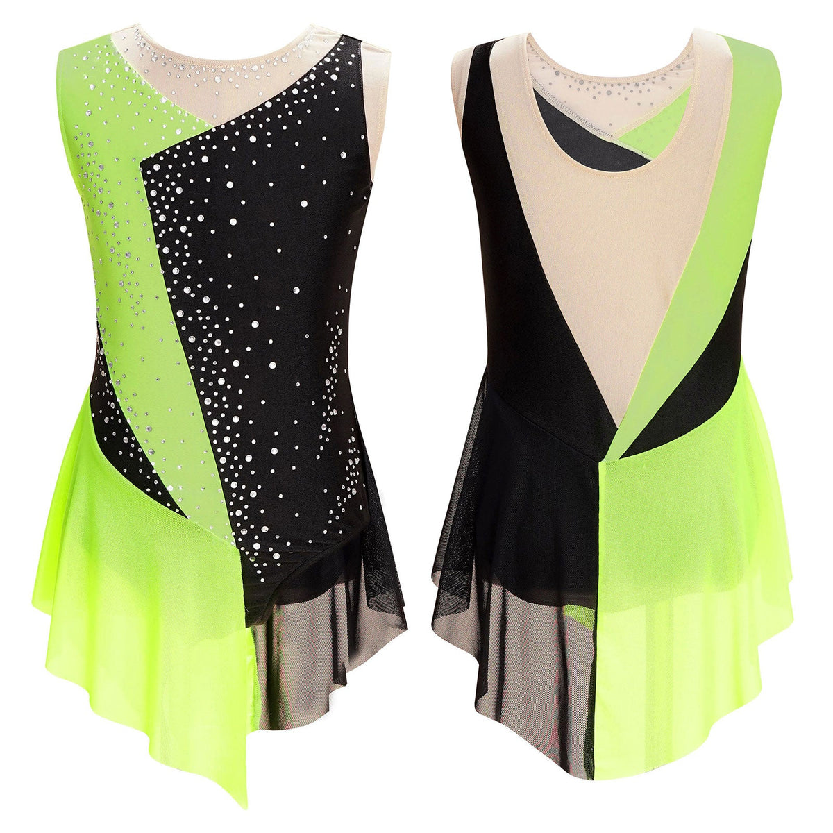 girls' Stretchy leotard - rhinestone mesh yoke, sleeveless, polyester, nylon, elastane, for lyrical dance performance
